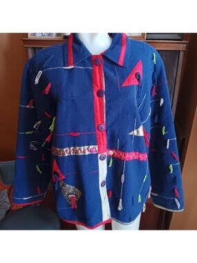 Large Vintage Jacket Anu Multicolor Embroidered Geometric Design Button Swatches